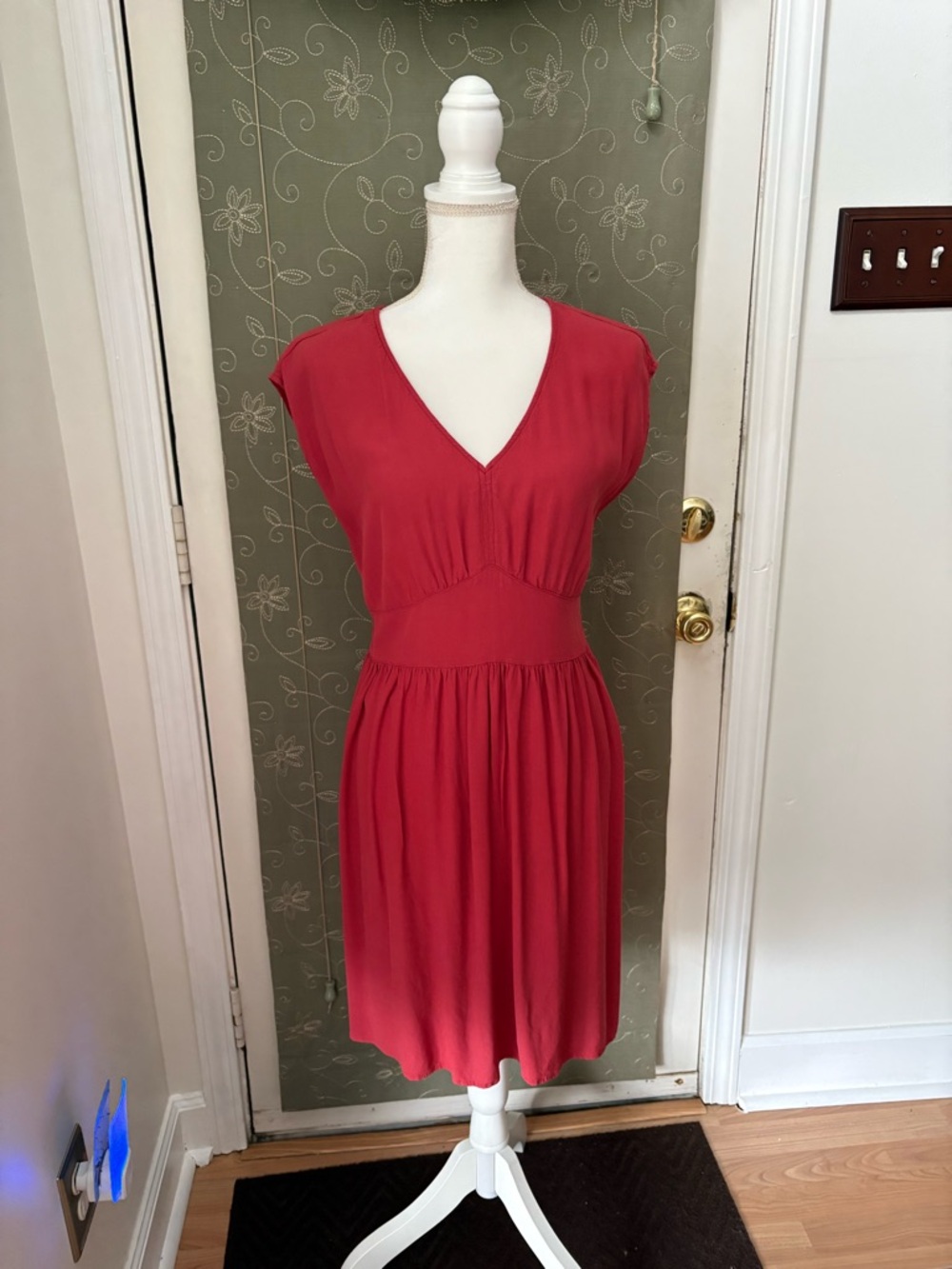 LOFT Red V-Neck Gathered Waist Midi Dress